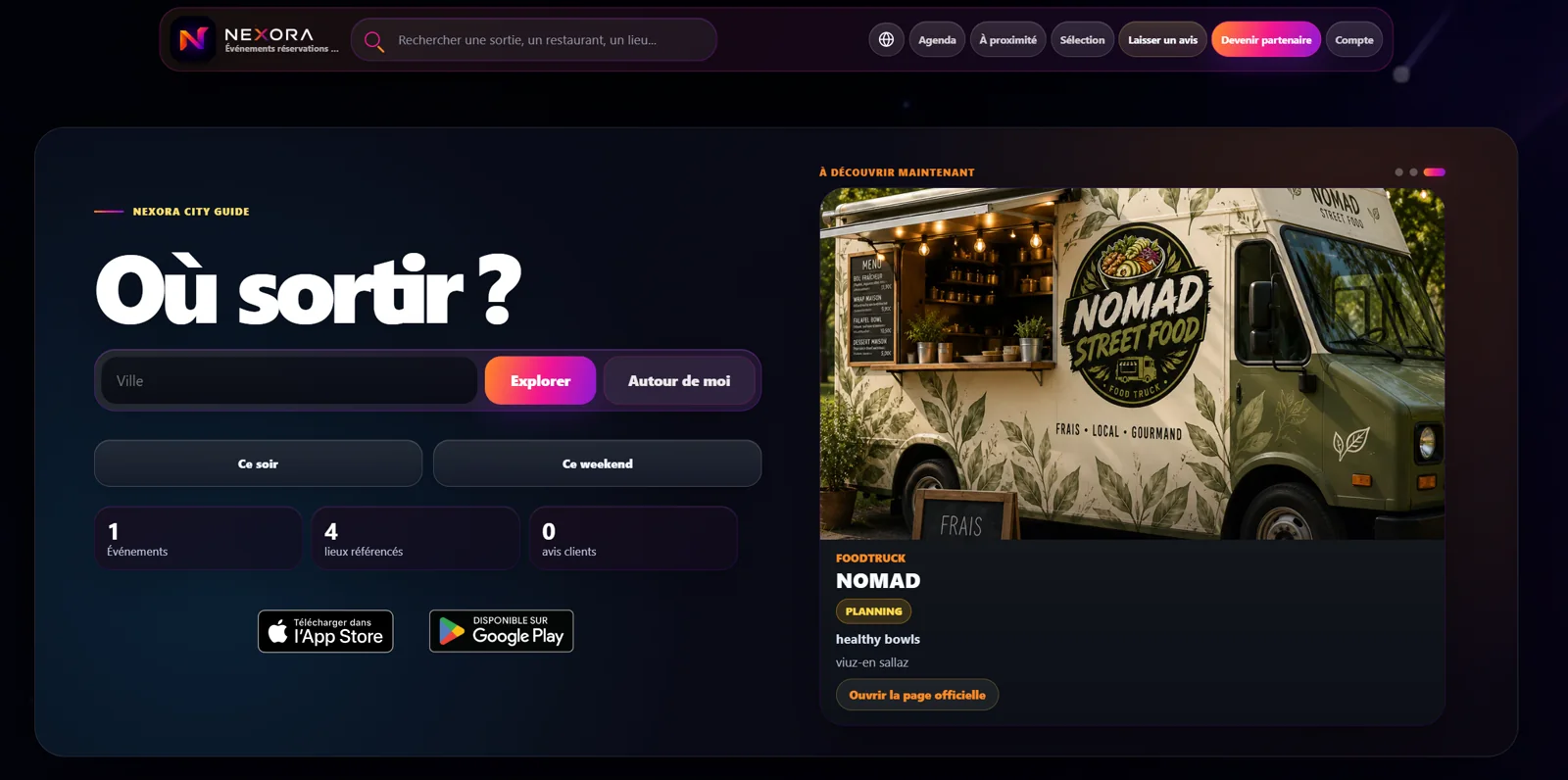 Plateforme web NEXORA pour découvrir des sorties, événements et établissements